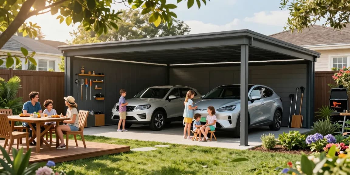 Stylischer Carport schützt Fahrzeuge im Garten, während eine Familie fröhlich grillt.