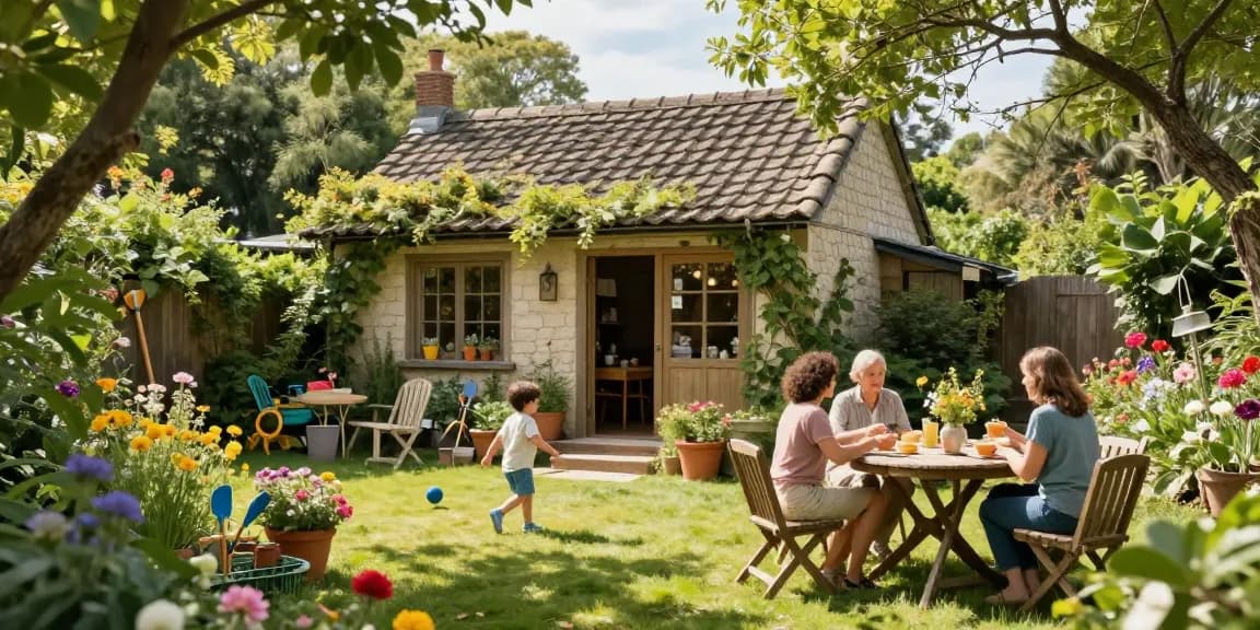 Idyllisches Garten Haus umgeben von bunten Blumen und spielenden Kindern im Freien.