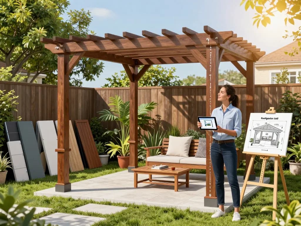 Designer verwendet den Pergola Konfigurator 3D in einem sonnigen Garten, um benutzerdefinierte Pergoladesigns anzupassen.