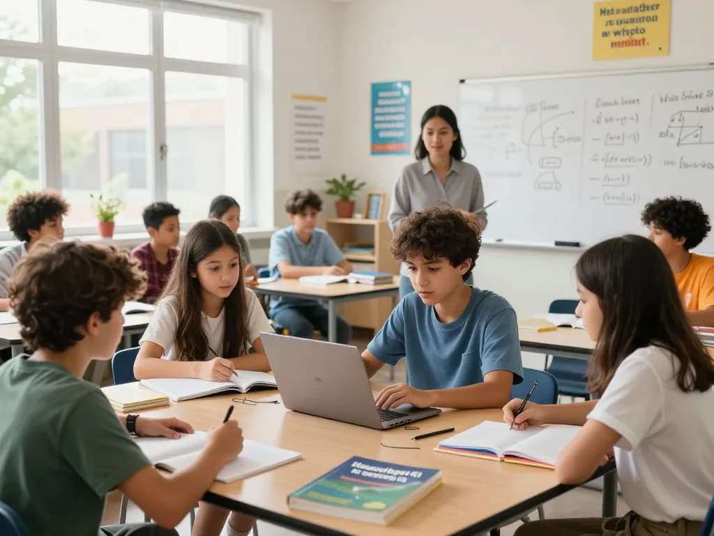 Studenten, die Hausaufgaben KI kostenlos in einer engagierten Klassenumgebung und kollaborativen Lernatmosphäre nutzen.