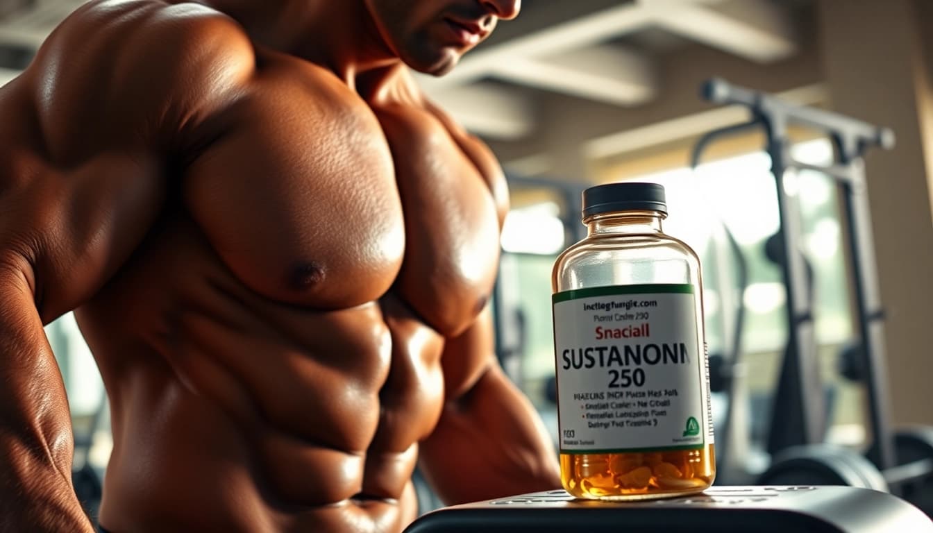 Energiegeladenes Fitness-Bild mit einem Bodybuilder, der sustanon 250 kaufen zeigt.