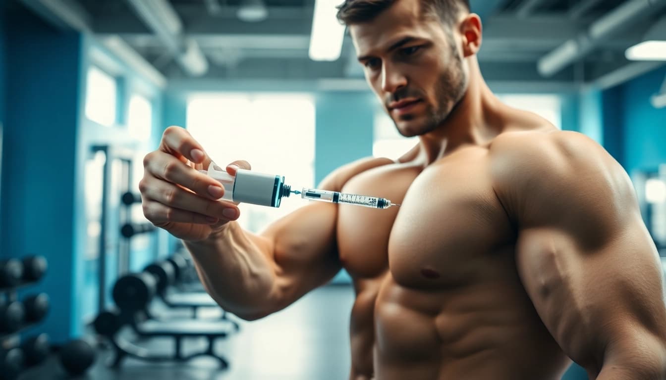 Sustanon 250 kaufen: Fitnesstrainer zeigt Anwendung in einem modernen Fitnessstudio.
