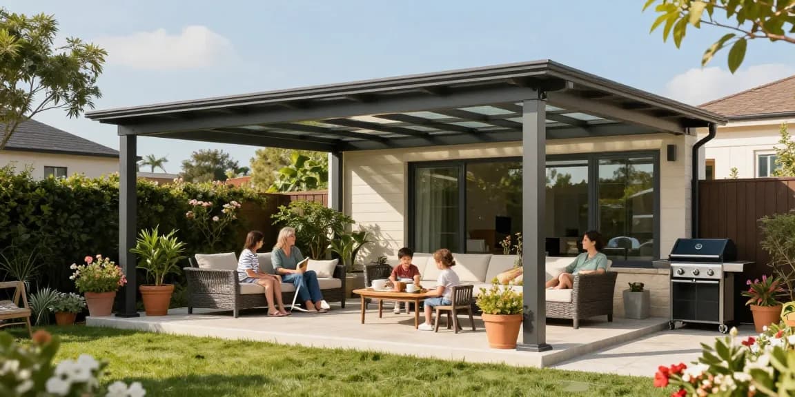 Terrassenüberdachung freistehend in einem schönen Garten mit Familie, entspannend und gemütlich.