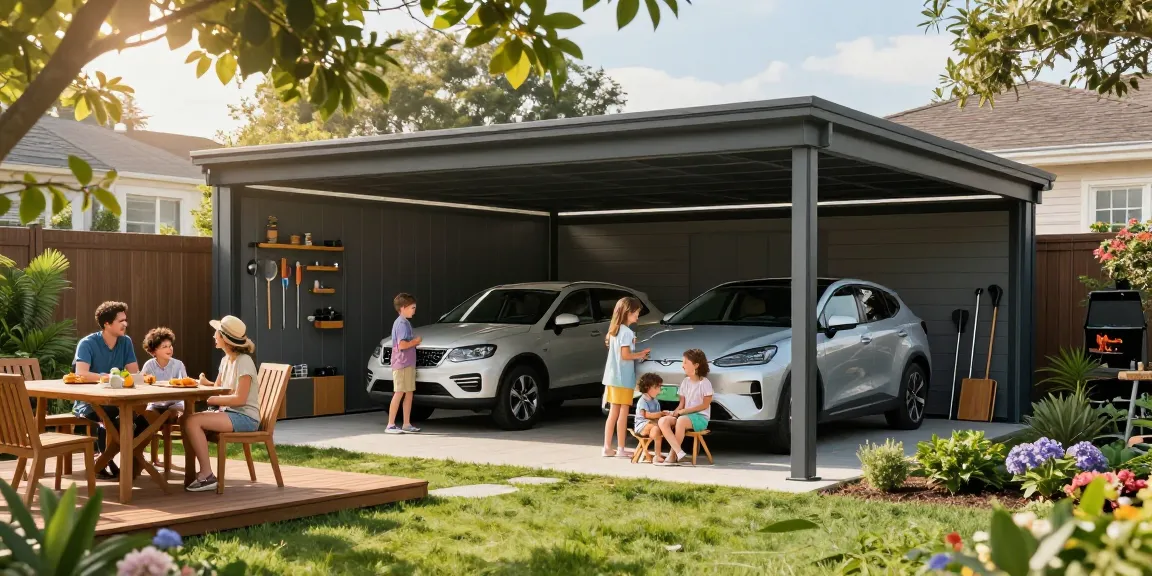 Stylischer Carport schützt Fahrzeuge im Garten, während eine Familie fröhlich grillt.