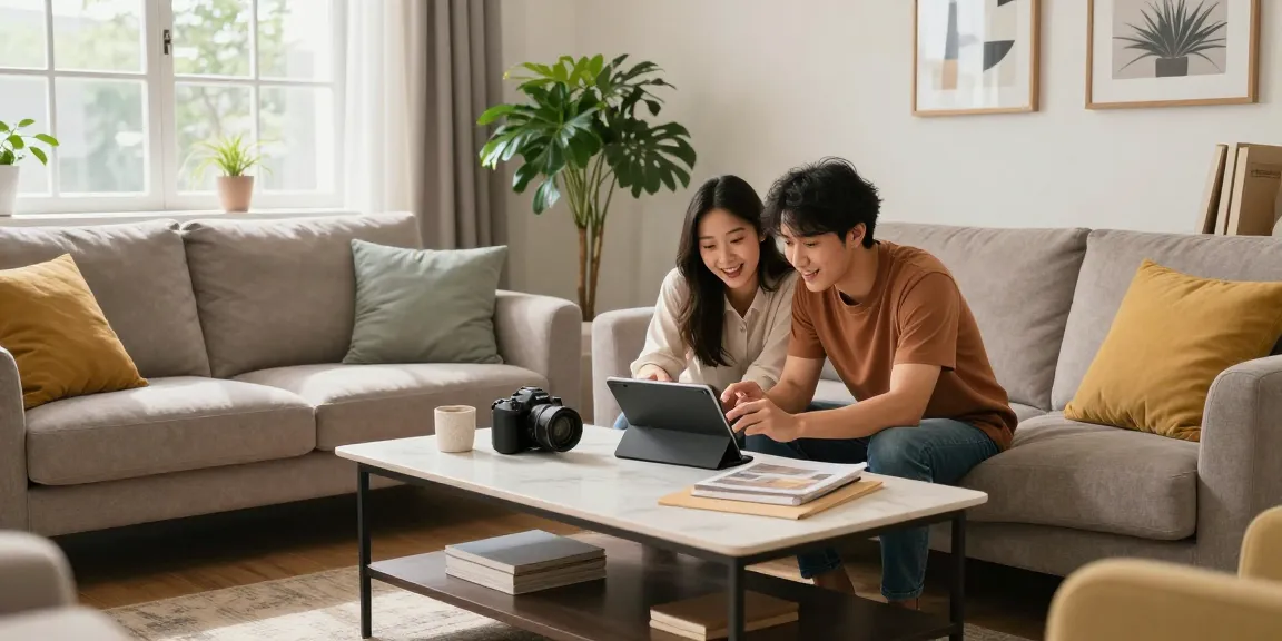 Paar, das in einem gemütlichen Wohnzimmer mit modernem Dekor nach Möbeln zum Online-Kaufen stöbert.