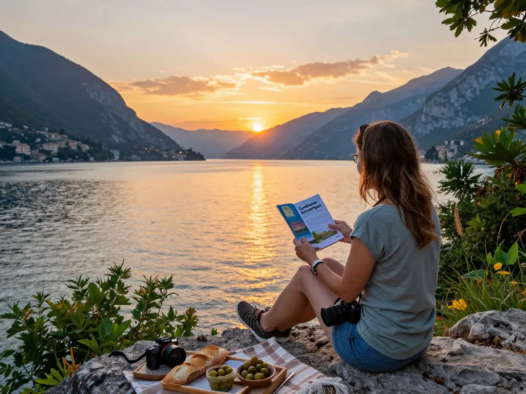 Entdecken Sie die Schönheit des Gardasees mit Gardasee Reisetipps, während ein Reisender den Sonnenuntergang genießt.