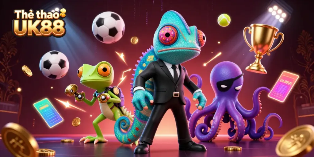 Engage with Thể thao UK88 through a vibrant display of sports betting action featuring dynamic characters.