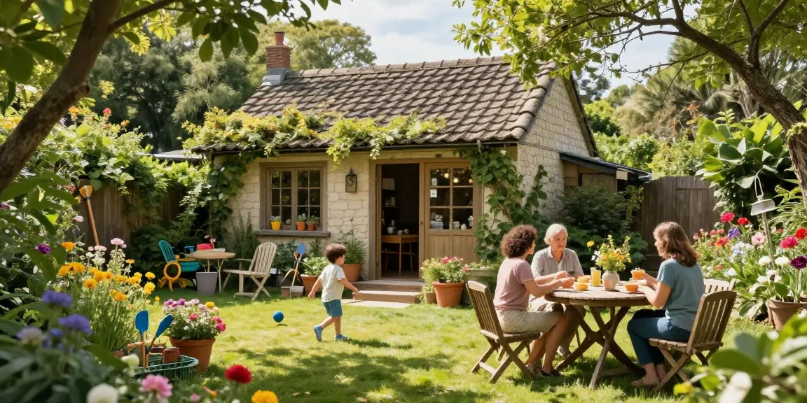Idyllisches Garten Haus umgeben von bunten Blumen und spielenden Kindern im Freien.