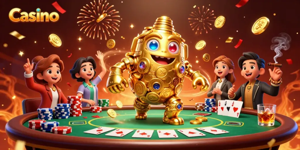 Engaging Casino scene showcasing the ancient golden golem amidst poker elements and celebratory effects.