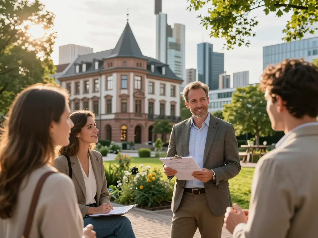 Immobilienmakler Frankfurt Dornbusch präsentiert elegantes Eigentum einer potenziellen Käufergruppe in einem lebhaften städtischen Umfeld.