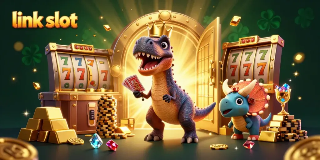Engaging scene showcasing the 'link slot' theme with T-Rex, pterodactyl, and triceratops immersed in a sparkling slot world.