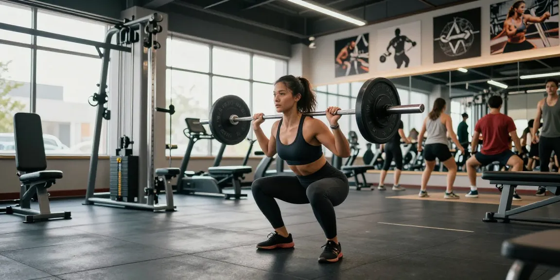 Anabolika Shop: Bodybuilderin bei kraftvollem Squat-Training in modernem Fitnessstudio.