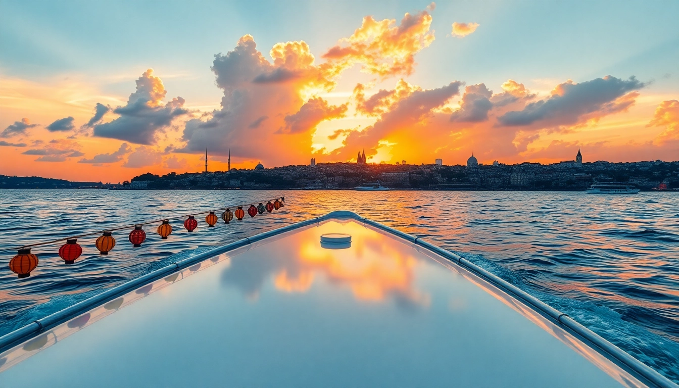 Bosphorus sunset cruise auf ruhigem Wasser mit malerischer Skyline von Istanbul im Hintergrund.