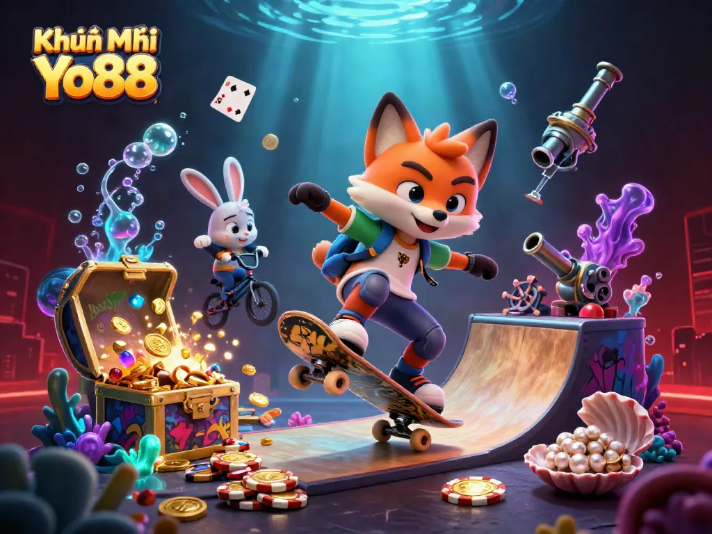 Engage with Khuyến Mãi Yo88 as a playful fox and bunny perform thrilling tricks over casino-themed elements.