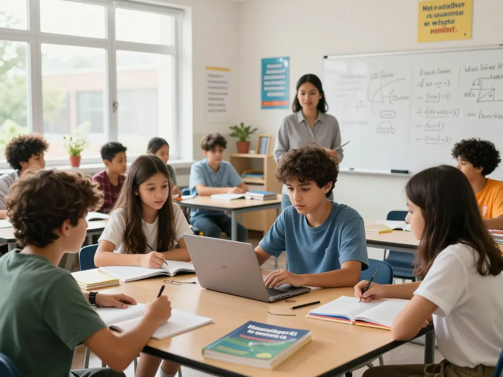 Studenten, die Hausaufgaben KI kostenlos in einer engagierten Klassenumgebung und kollaborativen Lernatmosphäre nutzen.