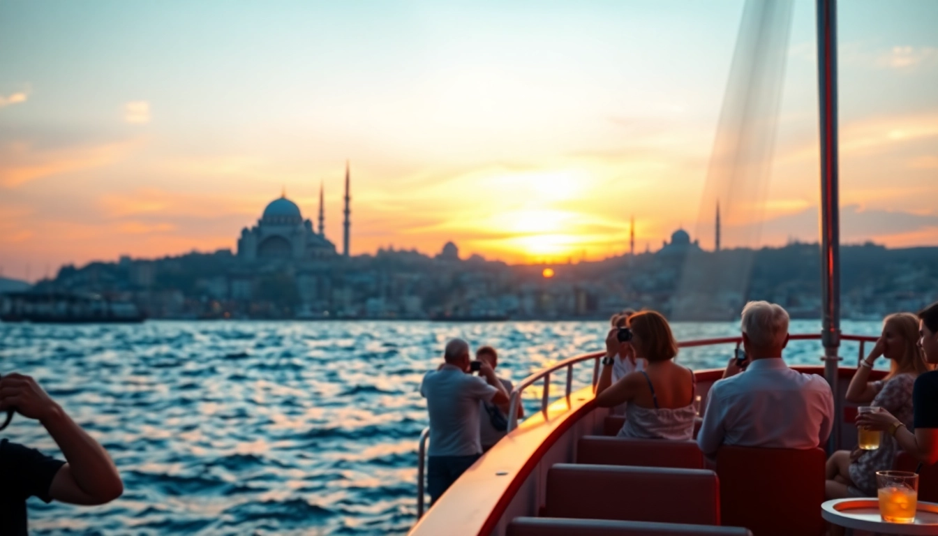 Bosphorus sunset cruise with people enjoying drinks and the silhouette of Istanbul in the background.