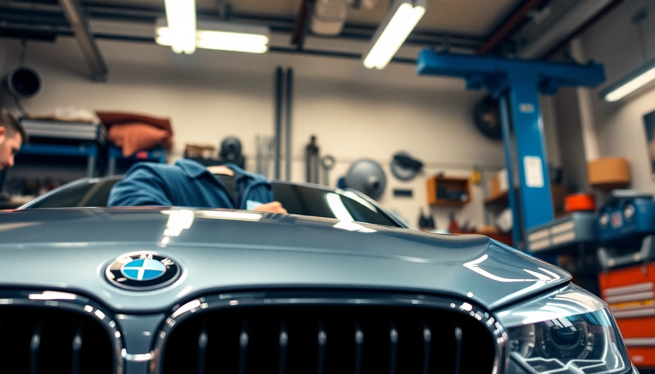 BMW Spezialist bei der Arbeit, präsentiert ein Fahrzeug in einer modernen Werkstatt.