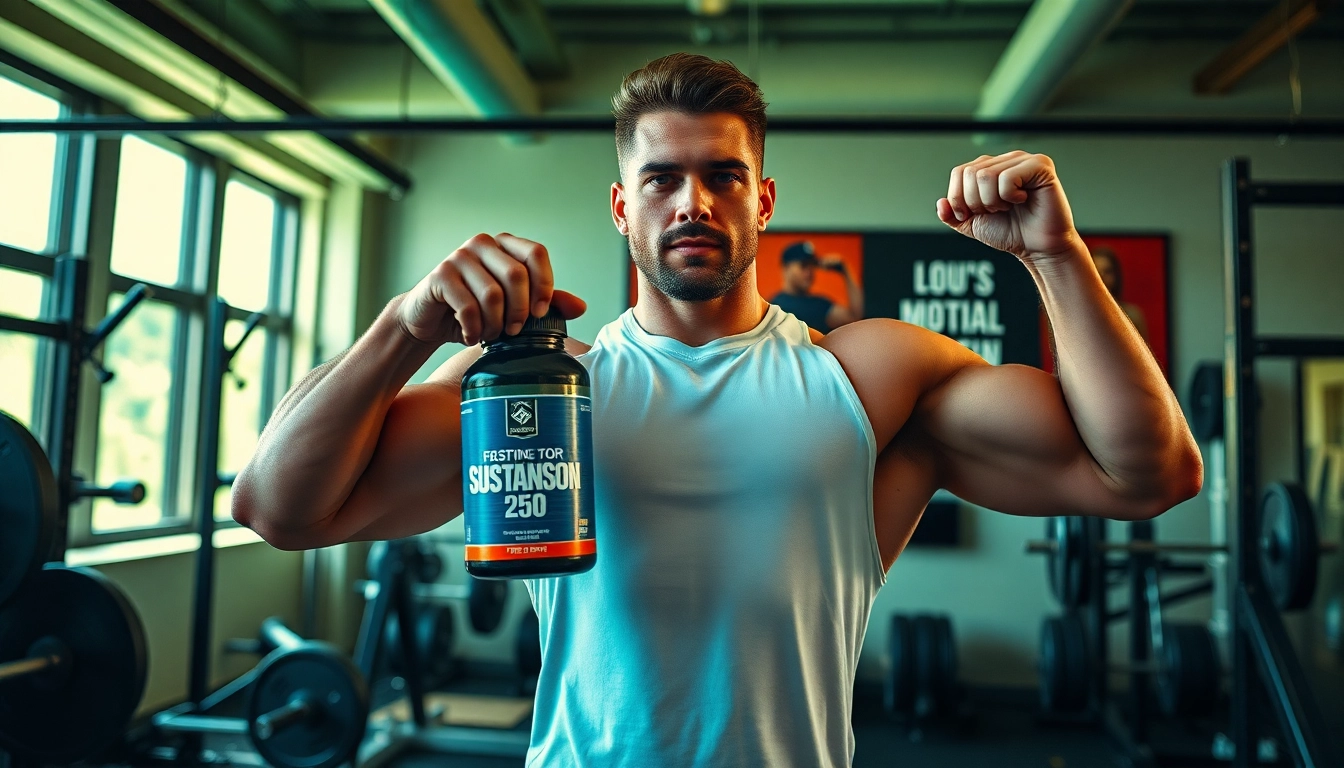 Sustanon 250 kaufen – Athlet präsentiert stolz sein Produkt in einem modernen Fitnessstudio.