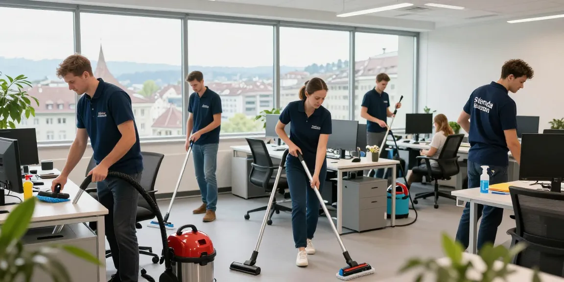 Underhaltsreinigung Bern with Skenda Reinigungen team actively cleaning a professional office space