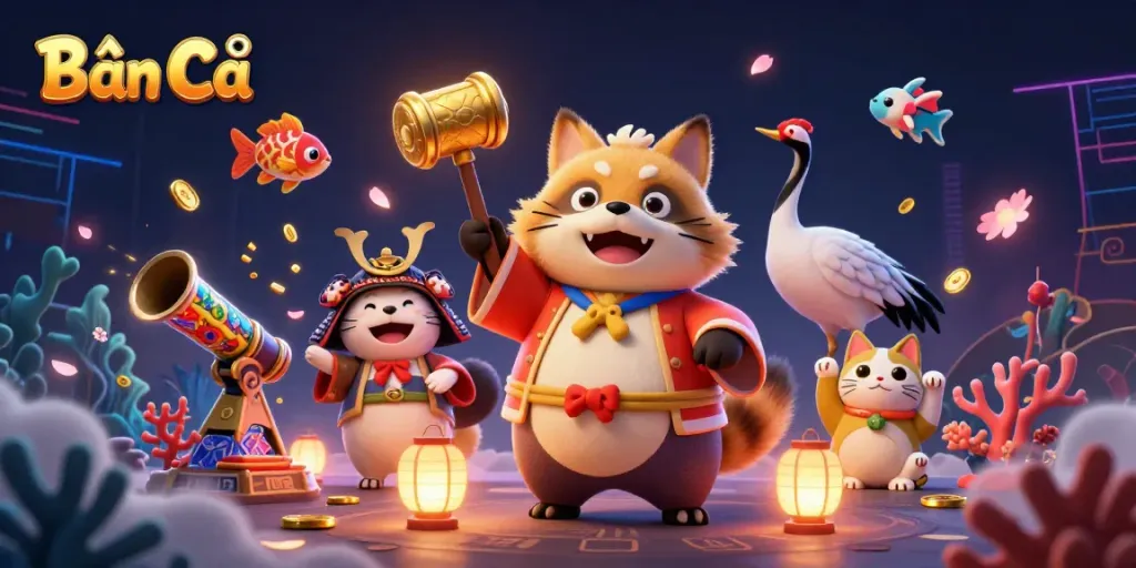 Shoot fish for prizes in Bắn Cá with a colorful and dynamic underwater scene featuring adorable characters.