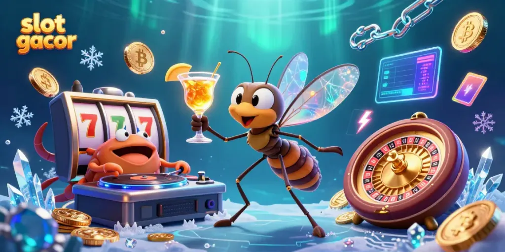 Experience dynamic slot gacor action with a lively frozen mosquito mascot and a trilobite DJ.