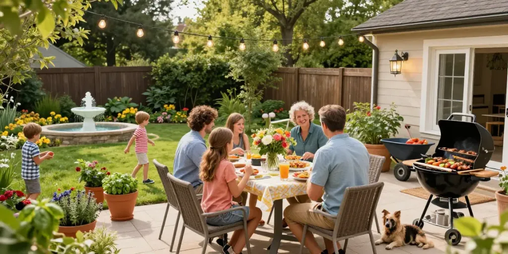Ein einladendes Garten-Setup auf eigenheim-blog.com mit Familie, die zusammen kocht und Zeit verbringt.