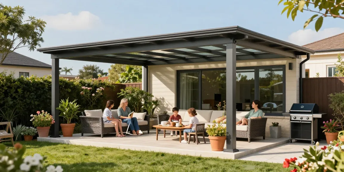 Terrassenüberdachung freistehend in einem schönen Garten mit Familie, entspannend und gemütlich.