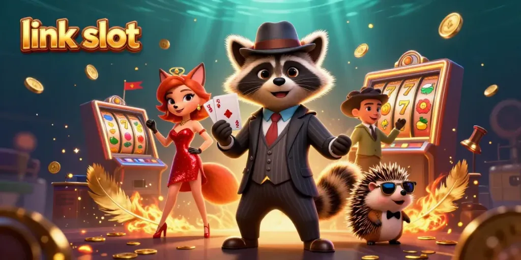 Experience the thrill of link slot with a raccoon, fox, and hedgehog in a vibrant casino scene.