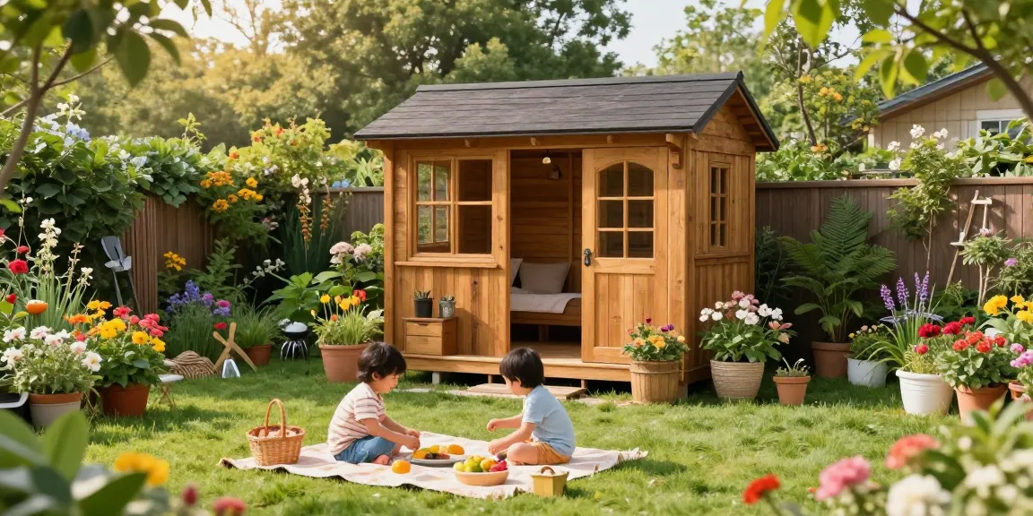 Moderne Gartenhäuser von McGarden24 umgeben von blühenden Pflanzen und einer glücklichen Familie im Garten.