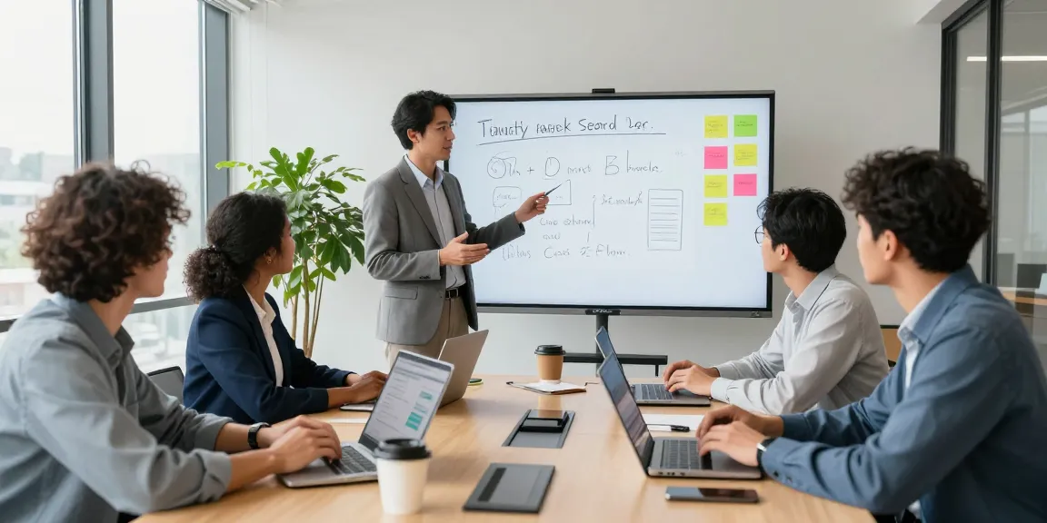 Ein Team bei der Wertschätzung am Arbeitsplatz in einer modernen Konferenzumgebung, das Feedback und Strategien präsentiert.