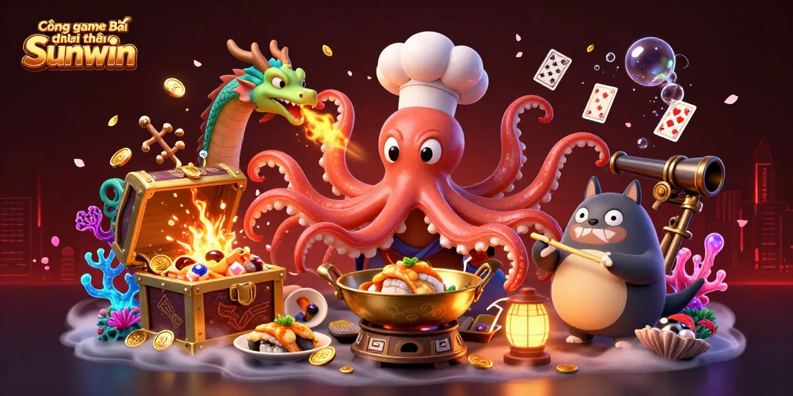 Cổng game bài đổi thưởng Sunwin enticing players with a vibrant 3D casino scene full of animated characters and gold treasures.