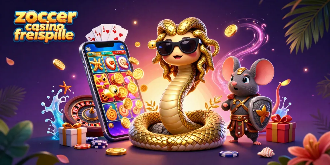 Zoccer Casino Freispiele erleben und gewinnen in einer aufregenden 3D-Illustration mit Medusa und Spielsymbolen.