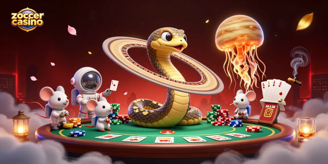 Place bets at zoccercasino with a vibrant cosmic scene featuring astronaut mice and a roulette snake.