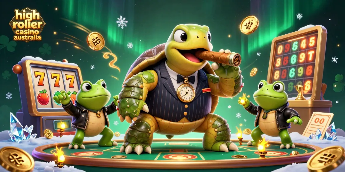 Experience high roller casino australia with a 3D cartoon turtle in a mobster suit, surrounded by dynamic gaming elements.