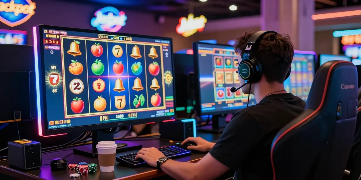 Engaging online gaming atmosphere featuring สล็อตเว็บตรง slot games on screen, dynamic visuals and illuminated gaming space with player immersed in the experience.