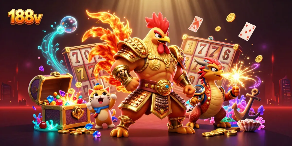 Experience the thrill of 188v with a fighting rooster, dragon hatchling, and lucky cat bursting with casino energy.