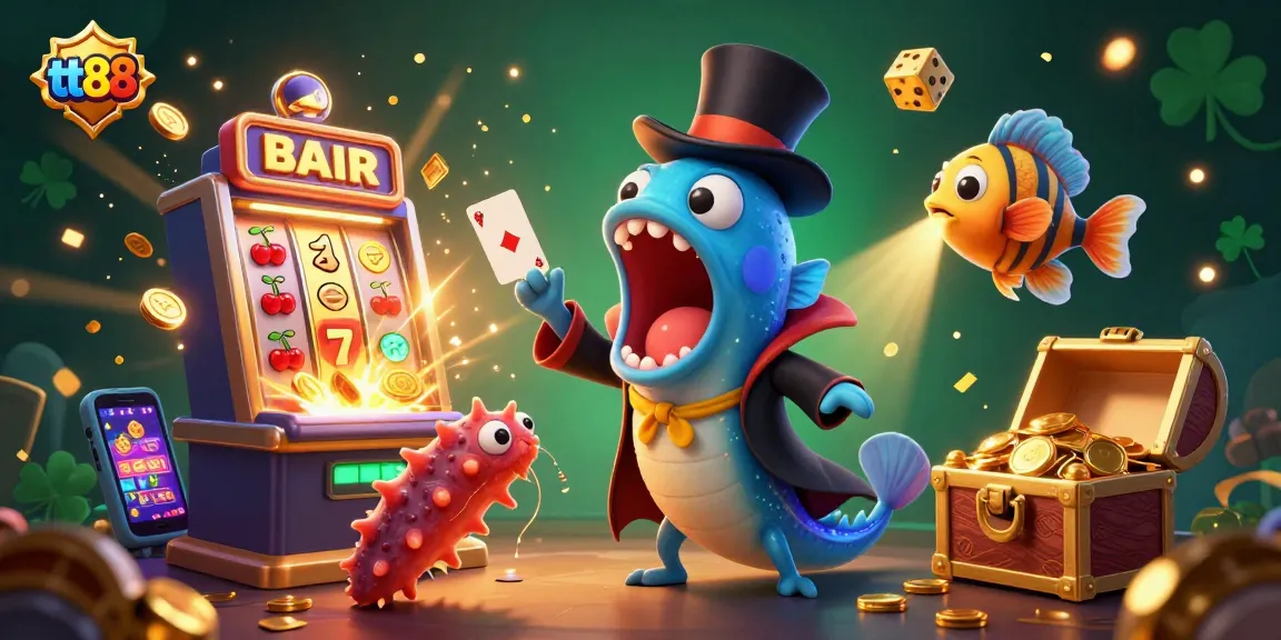 Experience thrilling games with tt88 as a bioluminescent eel casts a magic show amid slot machines and confetti.